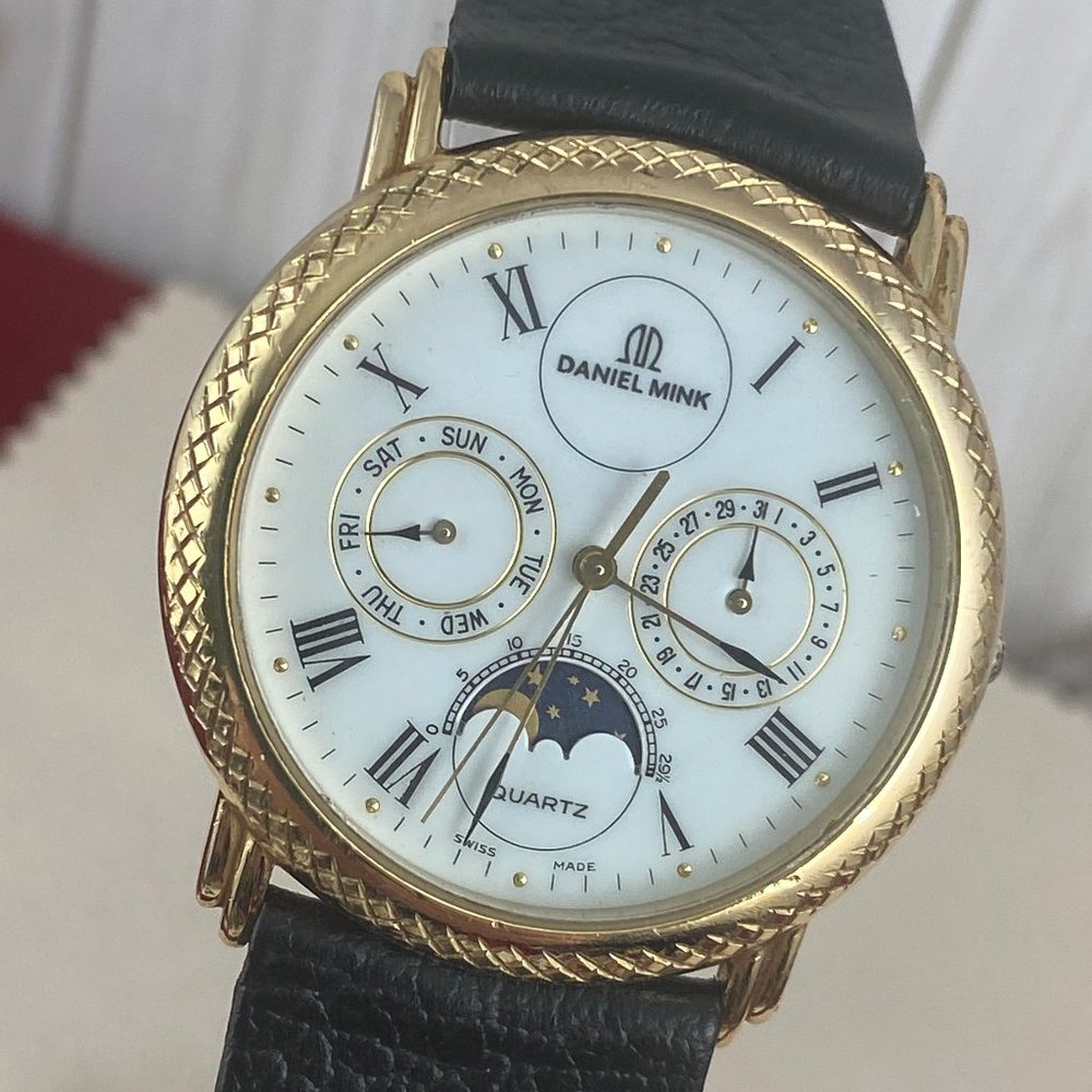 Vintage Daniel Mink Designer Gold Engraved Swiss Made Moon Phase Watch